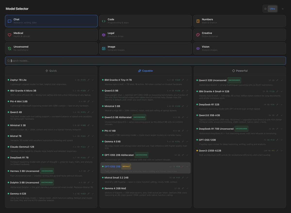 VaultAI Ultra model selector — pick from 40 local AI models up to 235B parameters