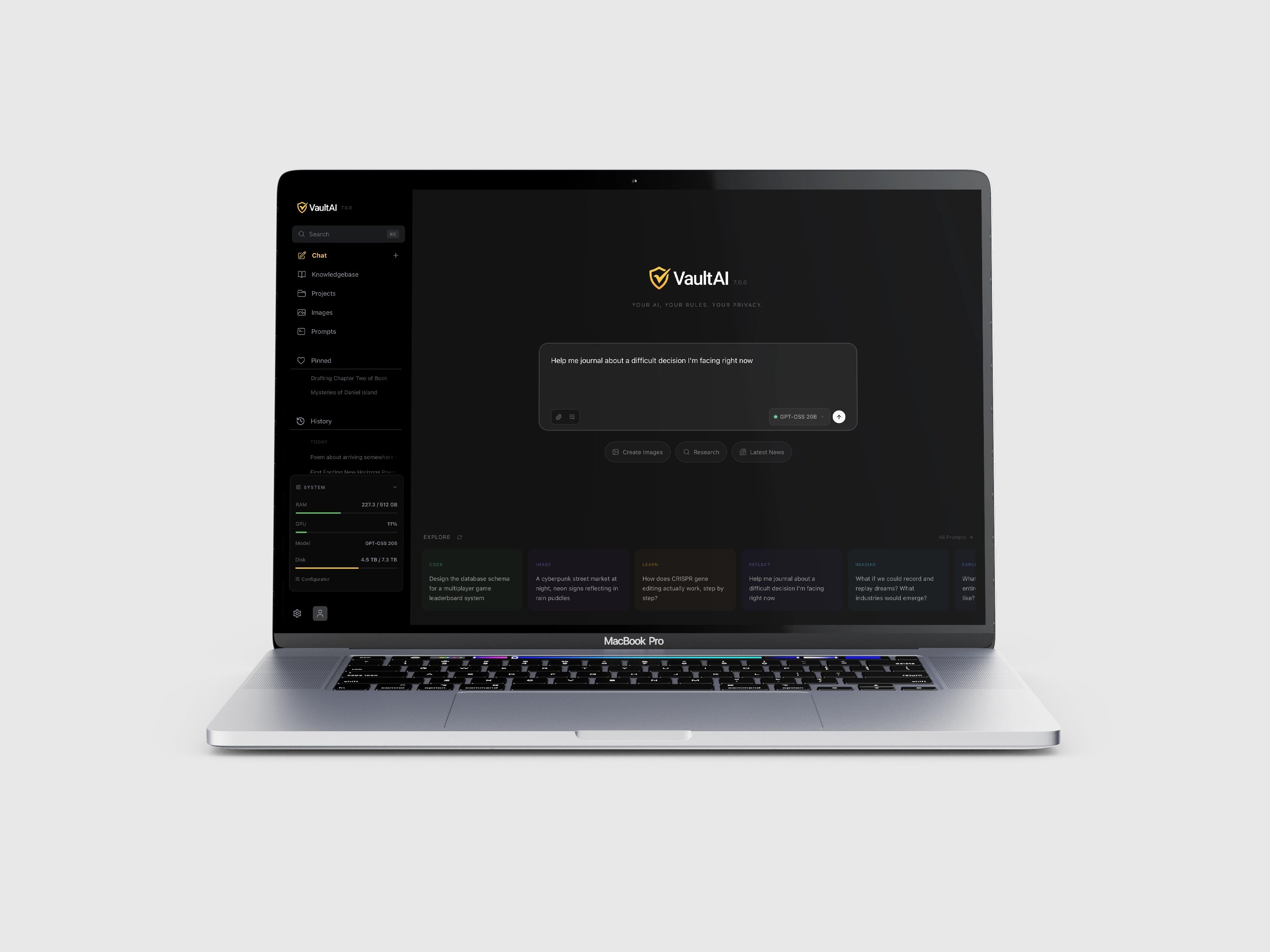 VaultAI Ultra home screen on a MacBook — local AI with no account, no internet