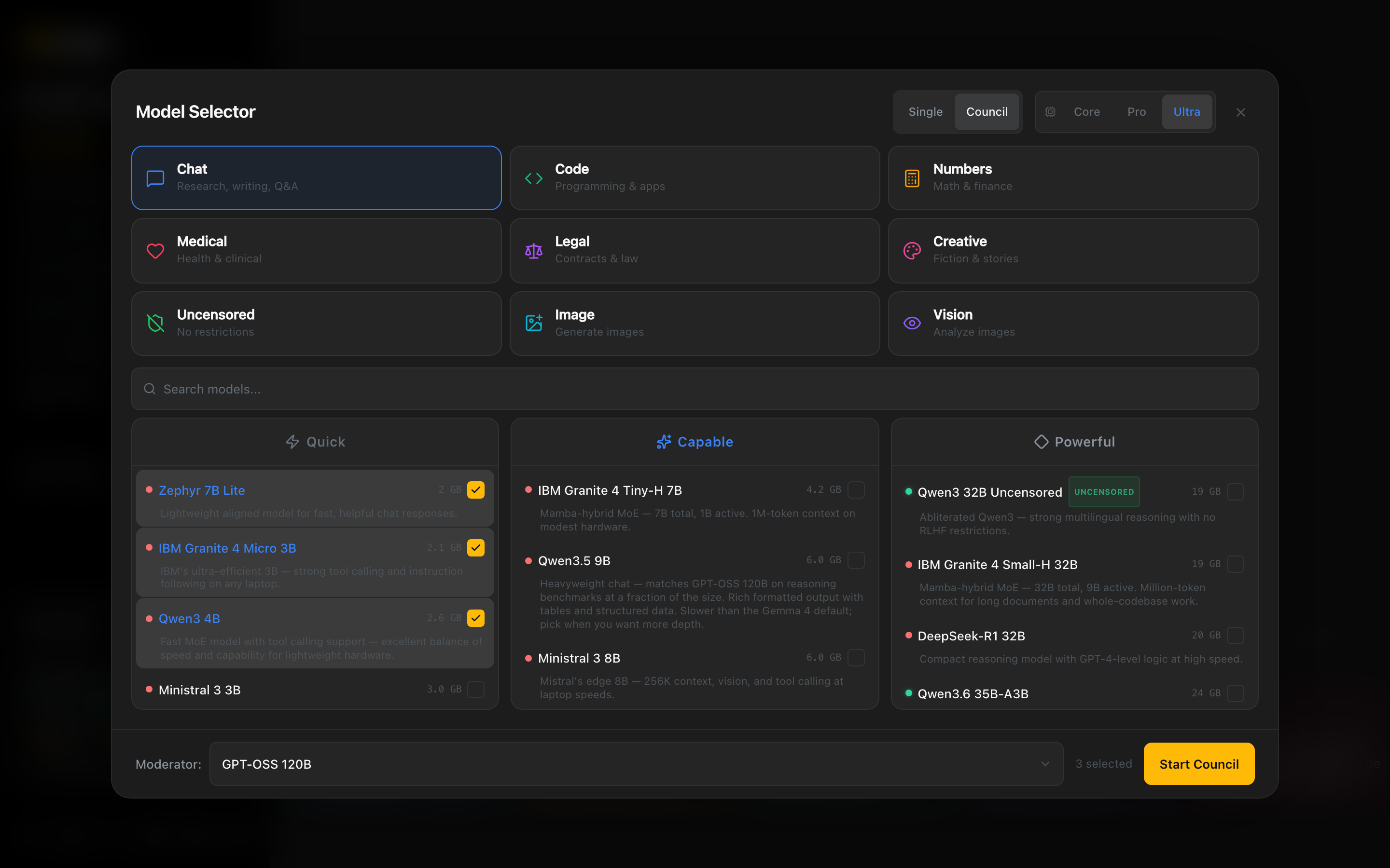 Choose your panel of AIs and a moderator, then Start Council