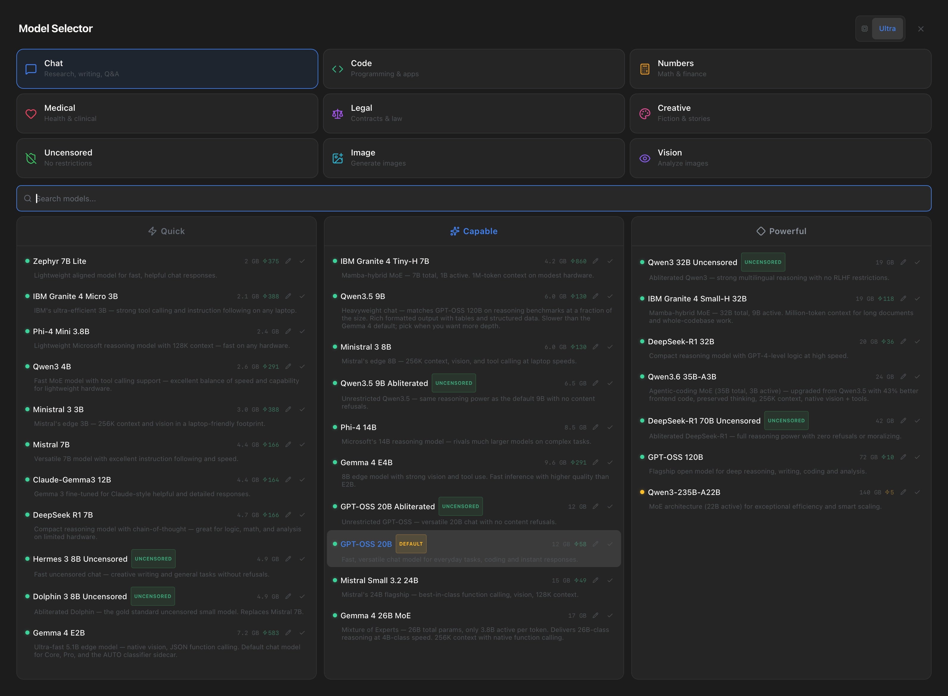 VaultAI Ultra model selector — pick from 45 local AI models up to 235B parameters