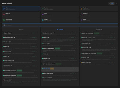 VaultAI Ultra model selector — pick from 45 local AI models up to 235B parameters