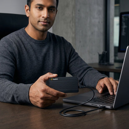 Using VaultAI Ultra at a laptop — private offline AI from a pocket-sized SSD